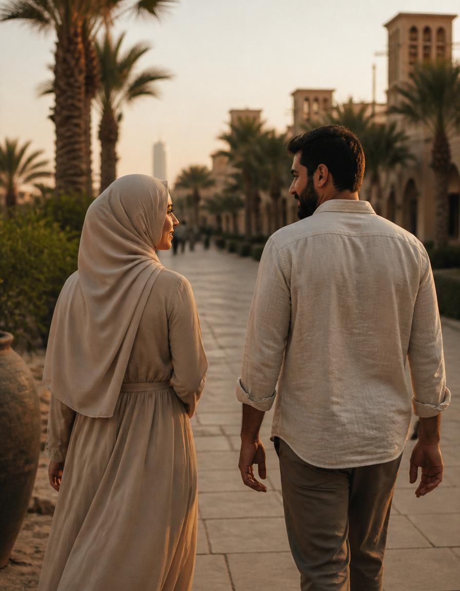 A couple walking together at golden hour, viewed from behind.