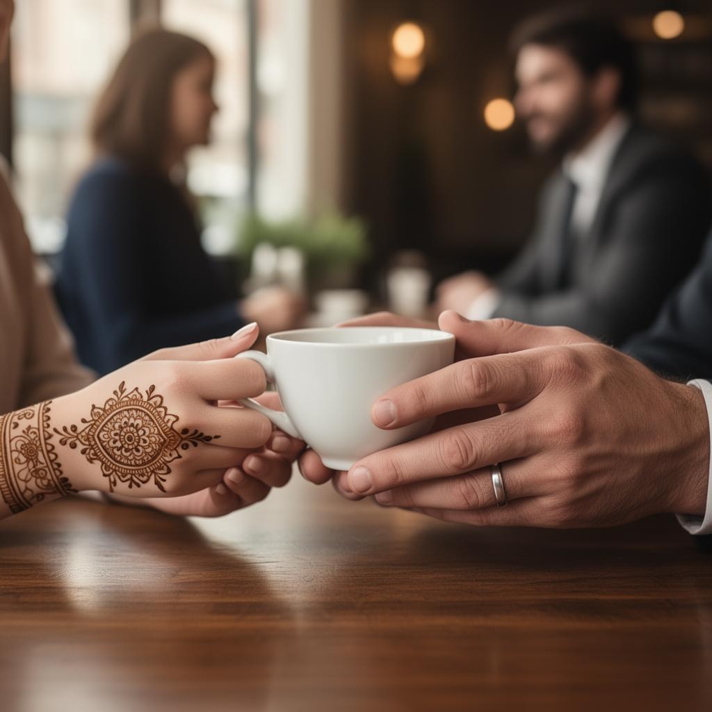 Two hands gently overlapping, resting on a table.