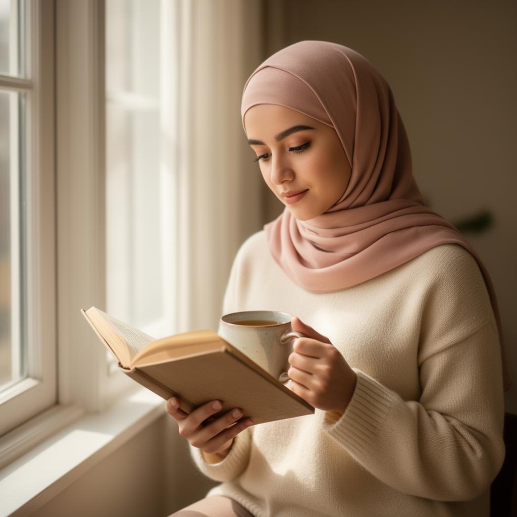 A Muslim woman reading peacefully, evening light