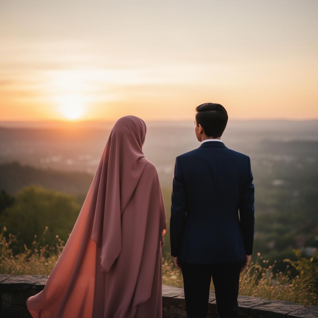 A couple silhouetted against a soft pastel sky at sunset.
